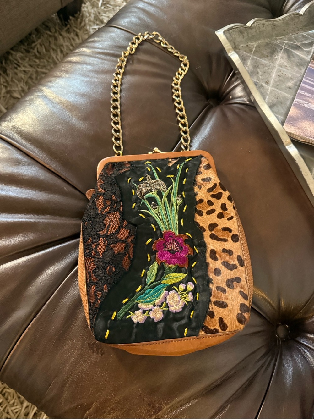 Beverly Feldman-Embroidered Floral Leopard Patchwork Shoulder Bag